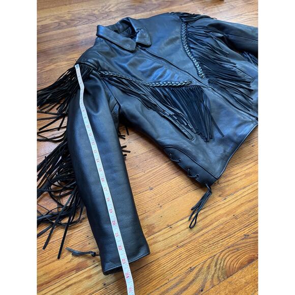 Black Leather Women's Fringe Mororcycle Jacket, Size XL - Picture 6 of 9